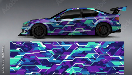 Futuristic digital circuit board pattern car wrap design in vibrant purple, blue, and teal colors on a sports car.