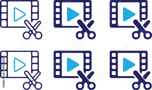 video editing flat bule icons set vector illustration