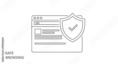Vector illustration of a web browser with a shield and checkmark symbolizing safe browsing on a transparent background