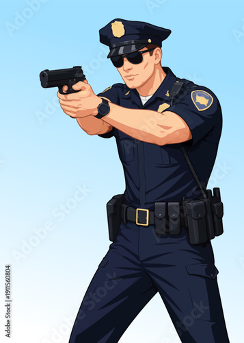 067-26-Police officer aiming a handgun, maintaining order and protection
