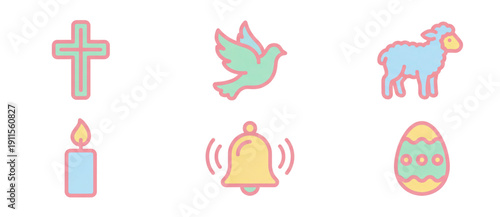 Christian Easter religious icon set with cross and dove. Pastel flat design vector illustration