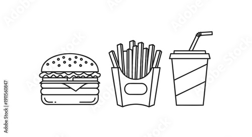Vector illustration of a burger, french fries and a soda cup with straw on transparent background