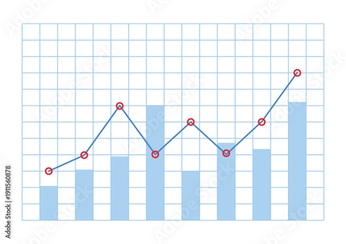 Upper line graph with a red dot and bar chart on a blue table on a white background. Bullish market trend concept.