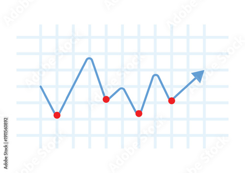 Upper arrow graph with a red dot on a blue table on a white background. Bullish market trend concept.