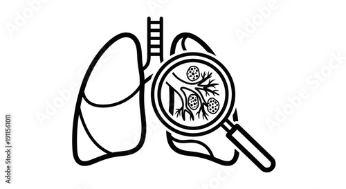 Simple line drawing of lungs with magnifying glass showing germs.