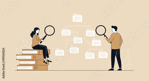 Illustration of two people examining information through magnifying glasses.