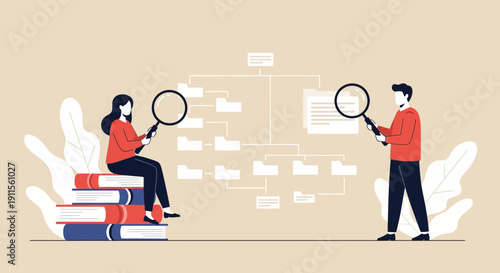 Man and woman examining information through magnifying glasses.