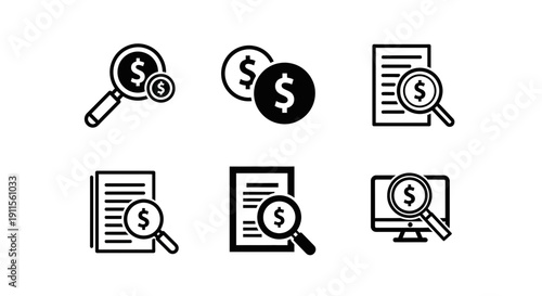Set of icons representing financial analysis and auditing.