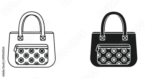 Hand drawn black and white handbags with floral pattern vector illustration isolated on white background