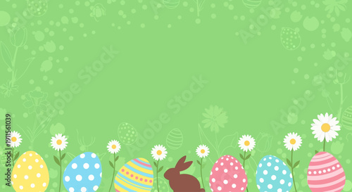 green easter backgrounds. Easter bunny ears with easter eggs on meadow with flowers background banner