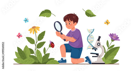 Young boy exploring nature with magnifying glass and microscope.