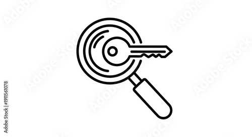 Simple line art illustration of a key inside a magnifying glass.