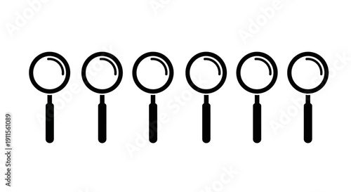 Six black magnifying glasses in a row on white background.