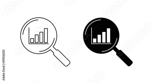 Magnifying glass icons with bar graphs inside.