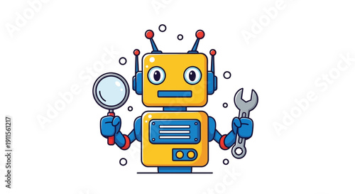 Cartoon robot holding magnifying glass and wrench.