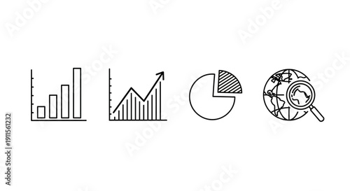 Simple line icons representing data analysis and global research.