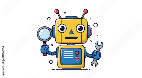 Cartoon robot holding magnifying glass and wrench.