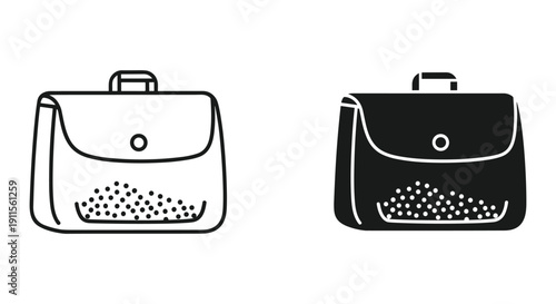 Simple black and white illustration of two satchels with dotted pockets on white background