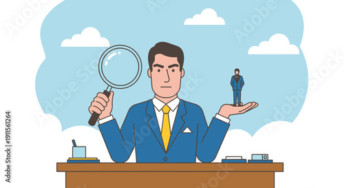 Businessman examining miniature person on hand with magnifying glass.