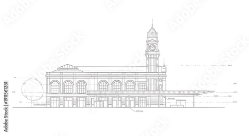 Vector illustration of a large building with a clock tower and arched windows, isolated on transparent background
