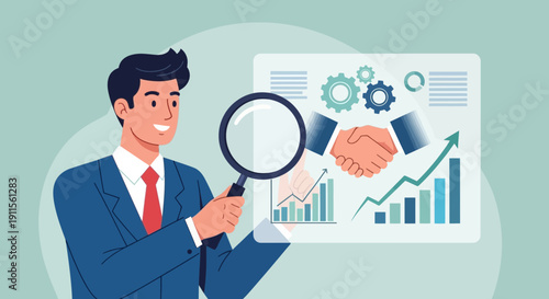 Businessman analyzing data and partnership agreement with magnifying glass.