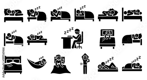Creative collection of 12 black human sleep icons displayed in a balanced grid composition. The set illustrates different resting situations including side rest, back rest, fetal position