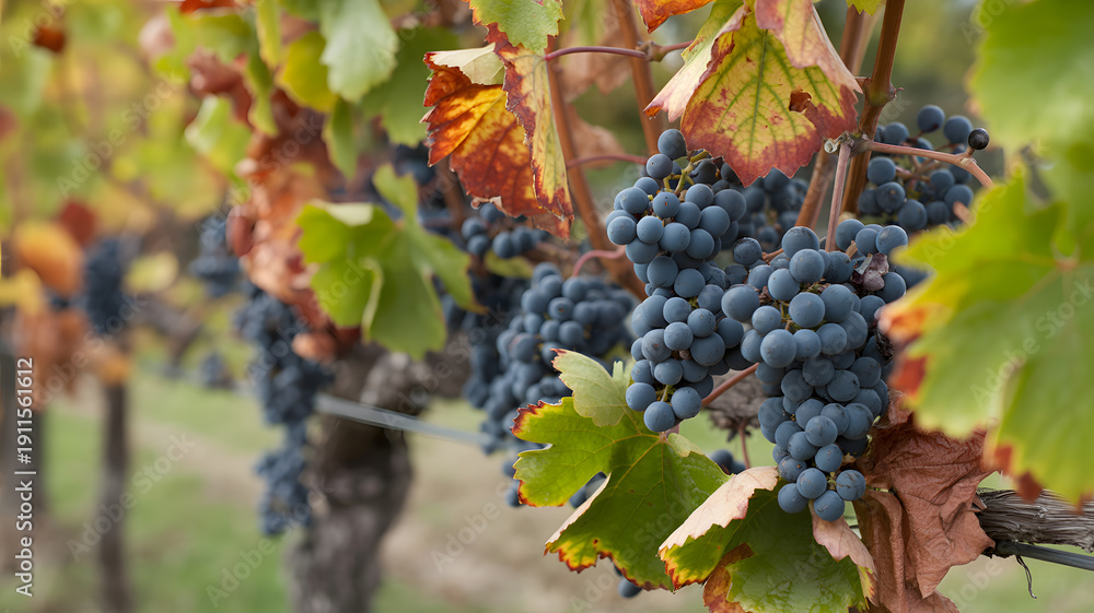 Fototapeta premium A lush vineyard with ripe purple grapes hanging from the vines on a sunny day