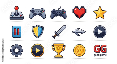 Collection of retro video game icons and symbols.