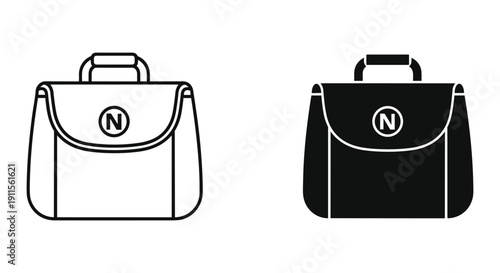 Black and White Messenger Bag Illustration with Logo on White Background
