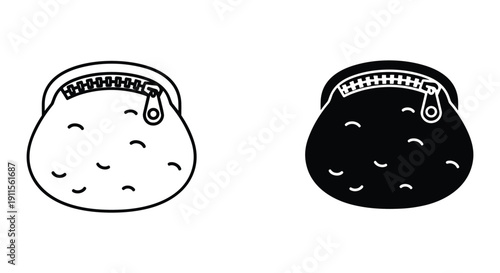 Black and White Pouch Illustration with Zipper and Coins Inside on White Background
