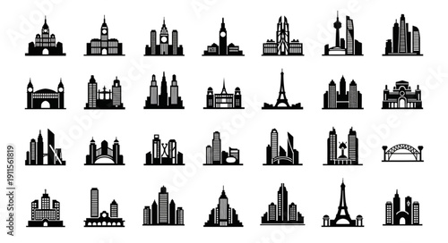 Collection of famous city skyline silhouettes in black and white.