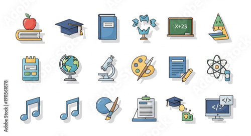 Collection of educational icons and symbols representing learning and knowledge.