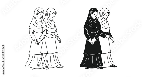 Two pairs of women in hijab standing together in solidarity and friendship