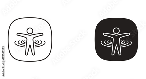 Simple stick figure icon with outstretched arms in rounded square frame, black and white versions, minimalist design