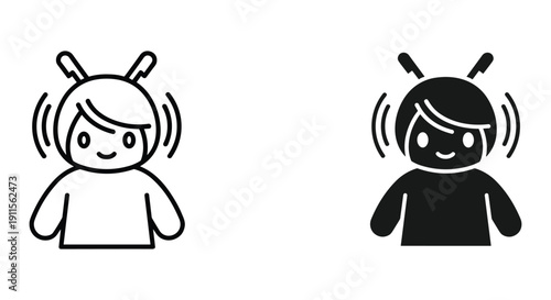 Cartoon Characters with Antennae Communicating, Simple Line Art Style, White and Black