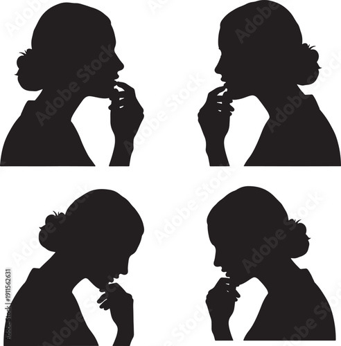 Set of silhouettes of a woman in different poses thinking deeply