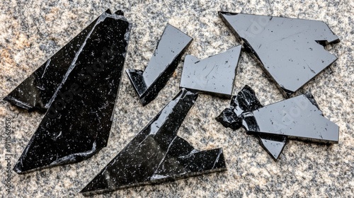 Scattered dark obsidian shards resting on a rough unpolished stone surface, creating a striking natural composition with sharp edges.