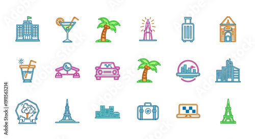 Collection of travel icons and symbols.