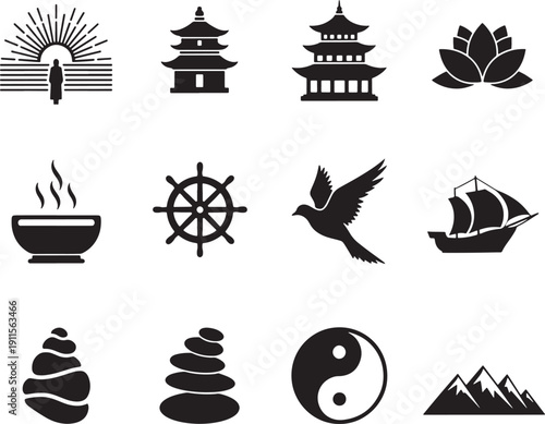 Black silhouettes of various spiritual and nature symbols on white background