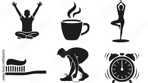Morning routine vector icons set for daily life organization