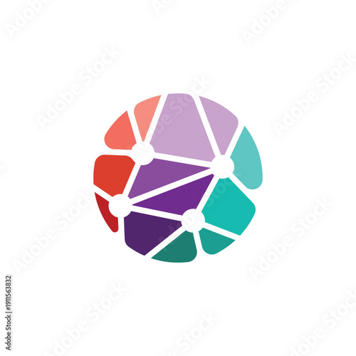 Modern Abstract Tech Logo with Colorful Network Nodes and Global Connection Sphere