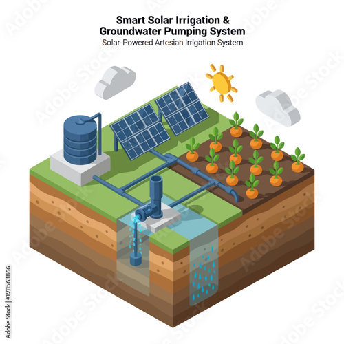 Solar Powered Irrigation System with Pump and Panels.