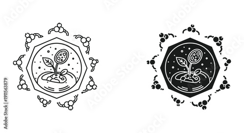 Hand drawn vintage clock faces with plant sprouts growing inside minimalist line art illustration