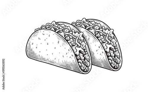 Mexican beef tacos with fresh lettuce cheese and tomato fillings vintage engraving style.
