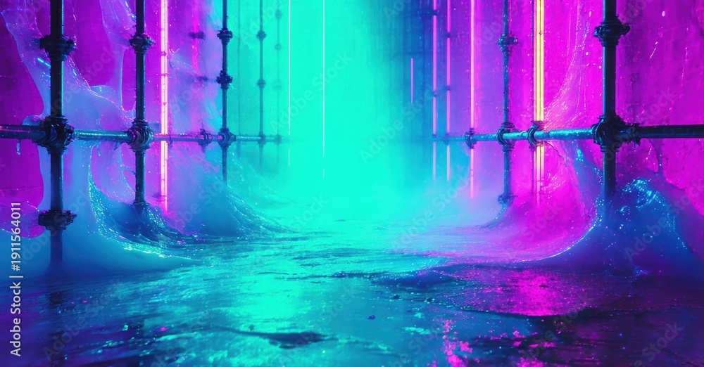 Fototapeta premium Futuristic tunnel glows with vibrant neon lights. Wet surfaces reflect intense blue, purple hues creating dramatic scene.