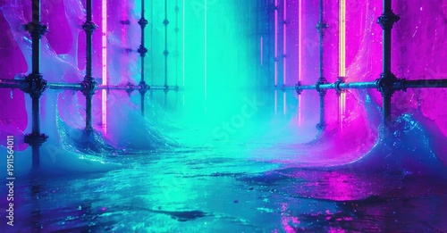 Futuristic tunnel glows with vibrant neon lights. Wet surfaces reflect intense blue, purple hues creating dramatic scene.