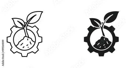 Sprouting seed growth icon set with gear and soil symbols for business sustainability and eco-friendly development