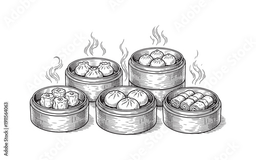 Collection of bamboo steamer baskets filled with assorted dim sum dumplings and buns vintage engraving style.