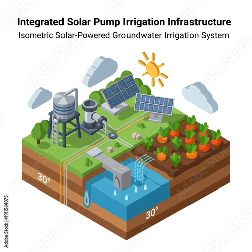 Isometric Solar Powered Groundwater Irrigation System.