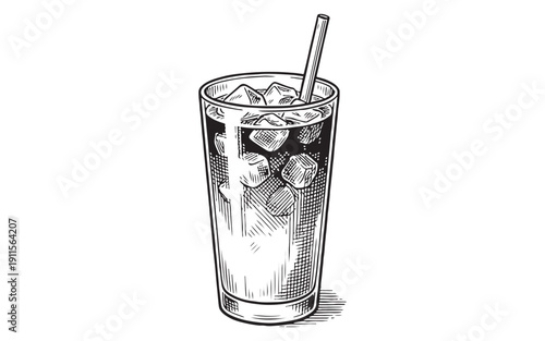 Tall glass of refreshing iced coffee with ice cubes and a drinking straw vintage hand-drawn engraving style.